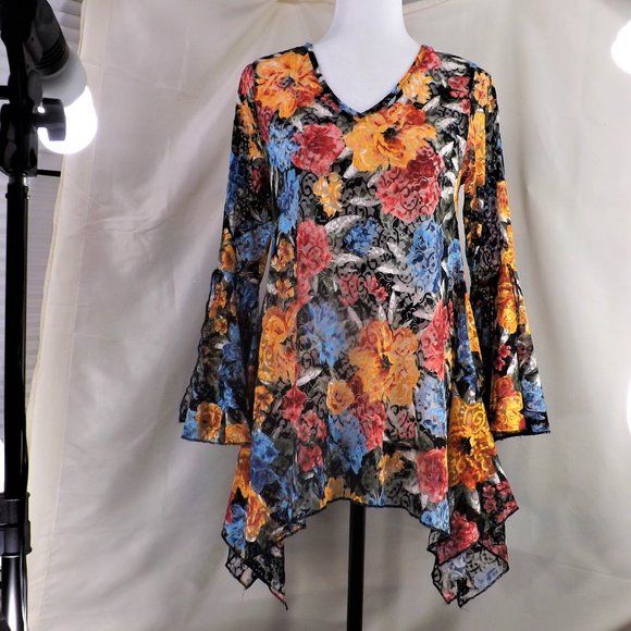 NWOT Dor Dor Couture Bursting Colors Huge Bell Cuffs w Flaring Skirt Tunic Top S - Picture 2 of 16